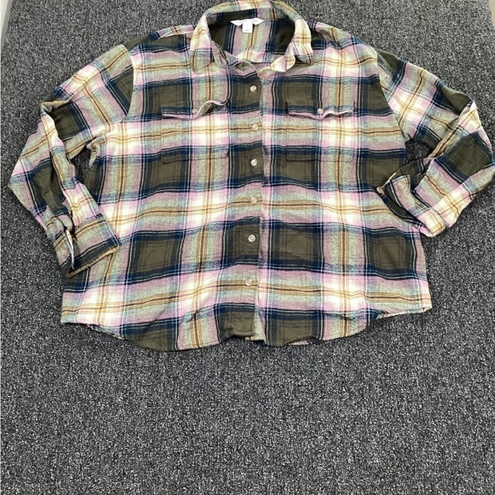 Old Navy Olive, Pink & Cream Plaid Button-Down Shirt